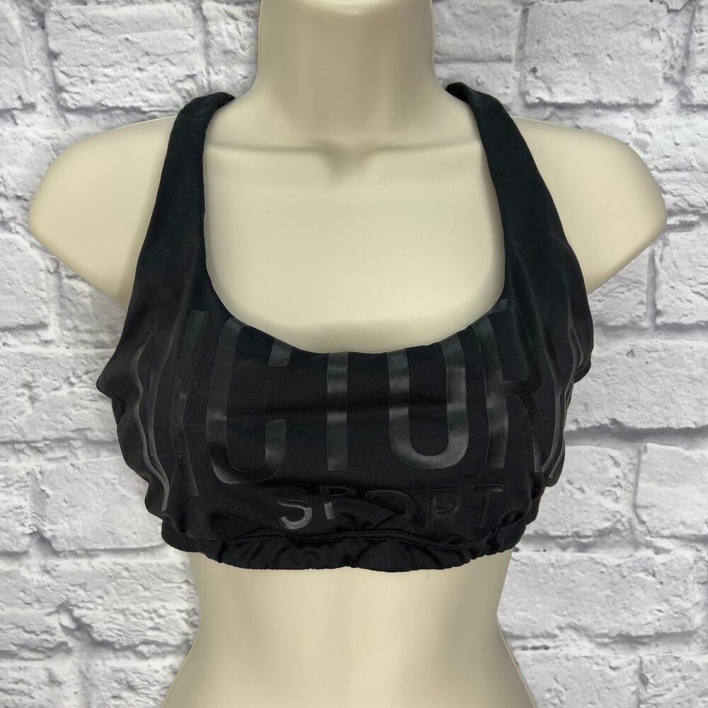 Victoria's Secret Womens Sports Bra Black M Spell Out Logo Strappy Crossover